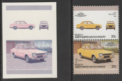 St Vincent - Bequia 1986 Cars #6 1968 Ford Escort 20c - Cromalin se-tenant die proof pair in red and blue only (missing Country name, inscription & value) ex Format International archives complete with issued stamp