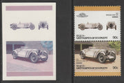 St Vincent - Bequia 1986 Cars #6 1928 Mercedes Benz 90c - Cromalin se-tenant die proof pair in red and blue only (missing Country name, inscription & value) ex Format International archives complete with issued stamp