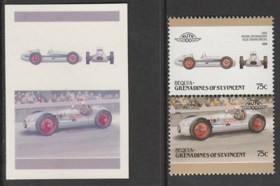 St Vincent - Bequia 1986 Cars #6 1948 Moore-Offenhauser Special 75c - Cromalin se-tenant die proof pair in red and blue only (missing Country name, inscription & value) ex Format International archives complete with issued stamp