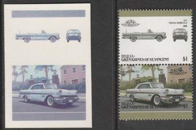St Vincent - Bequia 1986 Cars #6 1957 Pontiac $1 - Cromalin se-tenant die proof pair in red and blue only (missing Country name, inscription & value) ex Format International archives complete with issued stamp
