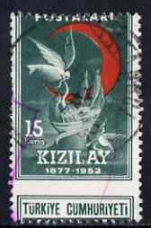 Turkey 1952 Red Crescent 15k used single with misplaced perfs