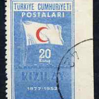 Turkey 1952 Red Crescent 20k used single imperf between stamp & margin