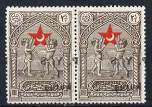 Turkey 1938 Red Crescent Postal Tax 1k on 2.5k mint pair with opt printed on gummed side