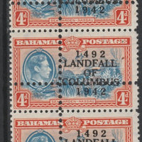 Bahamas 1942 KG6 Landfall of Columbus 4d blue & orange (Sea Garden) unmounted mint vert strip of 3 with perforations doubled (stamps are quartered) Note: the stamps are genuine but the additional perfs are a slightly different gau……Details Below