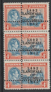 Bahamas 1942 KG6 Landfall of Columbus 4d blue & orange (Sea Garden) unmounted mint vert strip of 3 with perforations doubled (stamps are quartered) Note: the stamps are genuine but the additional perfs are a slightly different gau……Details Below