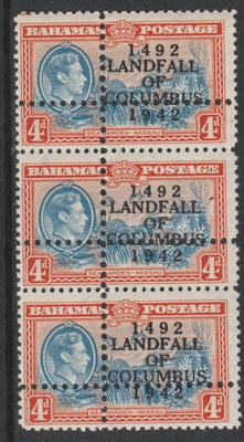 Bahamas 1942 KG6 Landfall of Columbus 4d blue & orange (Sea Garden) unmounted mint vert strip of 3 with perforations doubled (stamps are quartered) Note: the stamps are genuine but the additional perfs are a slightly different gau……Details Below