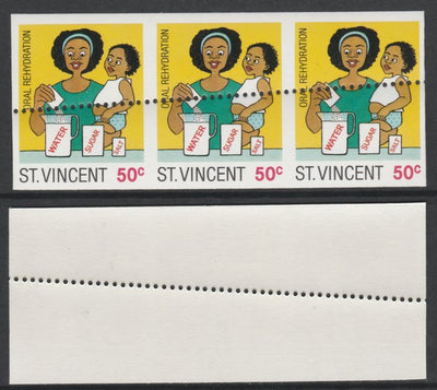 St Vincent 1987 Child Health 50c (as SG 1050) unmounted mint imperf strip of 3 with stray horizontal row of perfs applied obliquely