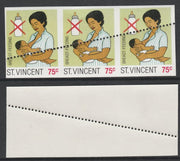 St Vincent 1987 Child Health 75c (as SG 1051) unmounted mint imperf strip of 3 with stray horizontal row of perfs applied obliquely