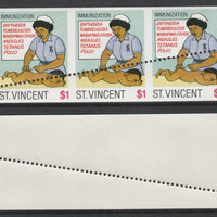 St Vincent 1987 Child Health $1 (as SG 1052) unmounted mint imperf strip of 3 with stray horizontal row of perfs applied obliquely