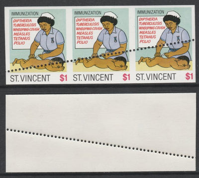 St Vincent 1987 Child Health $1 (as SG 1052) unmounted mint imperf strip of 3 with stray horizontal row of perfs applied obliquely