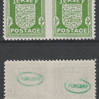 Jersey 1941-43 Arms 1/2d green horizontal pair imperf between unmounted mint as SG1b. Note the stamps are probable reprints but the perforations are the wrong gauge identifying the item as a forgery and has been so marked on the g……Details Below