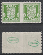 Jersey 1941-43 Arms 1/2d green horizontal pair imperf between unmounted mint as SG1b. Note the stamps are probable reprints but the perforations are the wrong gauge identifying the item as a forgery and has been so marked on the g……Details Below