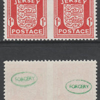 Jersey 1941-43 Arms 1d scarlet horizontal pair imperf between unmounted mint as SG2b. Note the stamps are probable reprints but the perforations are the wrong gauge identifying the item as a forgery and has been so marked on the g……Details Below