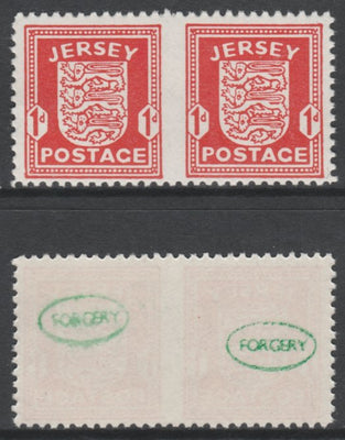 Jersey 1941-43 Arms 1d scarlet horizontal pair imperf between unmounted mint as SG2b. Note the stamps are probable reprints but the perforations are the wrong gauge identifying the item as a forgery and has been so marked on the g……Details Below
