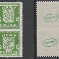 Jersey 1941-43 Arms 1/2d green vertical pair imperf between unmounted mint as SG1a. Note the stamps are probable reprints but the perforations are the wrong gauge identifying the item as a forgery and has been so marked on the gum……Details Below