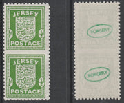 Jersey 1941-43 Arms 1/2d green vertical pair imperf between unmounted mint as SG1a. Note the stamps are probable reprints but the perforations are the wrong gauge identifying the item as a forgery and has been so marked on the gum……Details Below