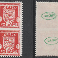 Jersey 1941-43 Arms 1d scarlet vertical pair imperf between unmounted mint as SG2a. Note the stamps are probable reprints but the perforations are the wrong gauge identifying the item as a forgery and has been so marked on the gum……Details Below
