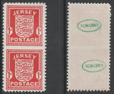 Jersey 1941-43 Arms 1d scarlet vertical pair imperf between unmounted mint as SG2a. Note the stamps are probable reprints but the perforations are the wrong gauge identifying the item as a forgery and has been so marked on the gum……Details Below