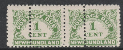 Newfoundland 1939 Postage Due 1c green horiz pair with additional row of vertical perfs unmounted mint as SG D1a. Note: the stamps are genuine but the additional perfs are a slightly different gauge identifying it to be a forgery.
