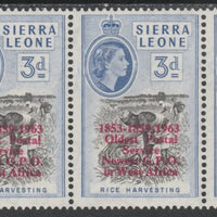 Sierra Leone 1963 Postal Commemoration 3d (Rice Harvesting) marginal strip of 3, one stamp with,'obliques' between dates and 'S,vice' error, unmounted mint SG 273ba