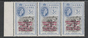 Sierra Leone 1963 Postal Commemoration 3d (Rice Harvesting) marginal strip of 3, one stamp with,'obliques' between dates and 'S,vice' error, unmounted mint SG 273ba