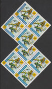 Thomond 1968 Martin 9d (Diamond-shaped) opt'd 'Rockets towards Peace Achievement' two blocks of 4 showing yellow misplaced by a) 1mm to upper left and b) 1mm to lower left, interesting shifts giving different double impressions, unmounted mint