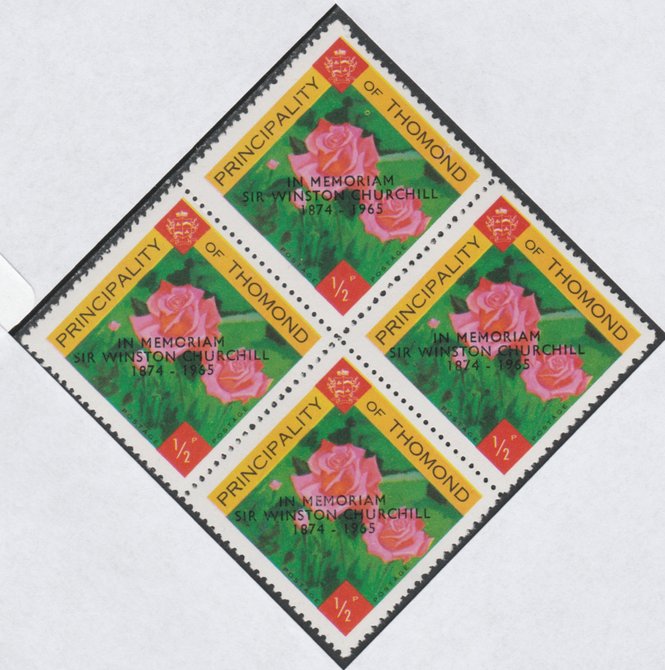 Thomond 1965 Roses 1/2p (Diamond shaped) with 'Sir Winston Churchill - In Memorium' overprint in black unmounted mint block of 4, slight off-set from overprint on gummed side