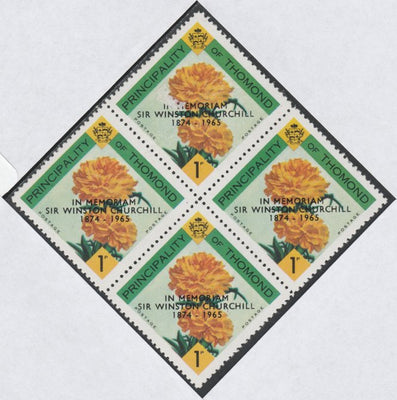 Thomond 1965 Carnation 1d (Diamond-shaped) with 'Sir Winston Churchill - In Memorium' overprint in black unmounted mint block of 4, slight off-set from overprint on gummed side