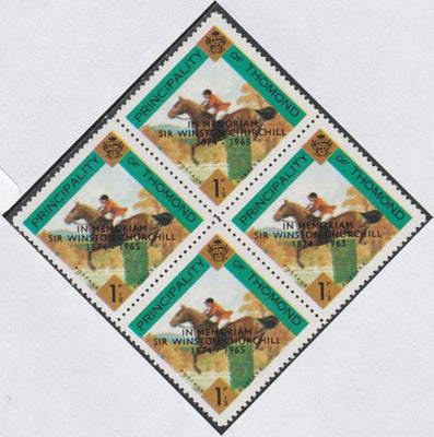 Thomond 1965 Show jumping 1.5d (Diamond-shaped) with 'Sir Winston Churchill - In Memorium' overprint in black unmounted mint block of 4, slight off-set from overprint on gummed side