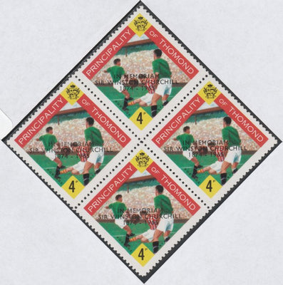 Thomond 1965 Football 4d (Diamond shaped) with 'Sir Winston Churchill - In Memorium' overprint in black unmounted mint block of 4, slight off-set from overprint on gummed side