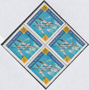 Thomond 1965 Sea Gulls 1s (Diamond shaped) with 'Sir Winston Churchill - In Memorium' overprint in black unmounted mint block of 4, slight off-set from overprint on gummed side