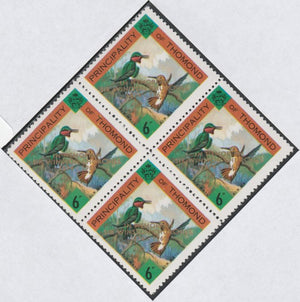 Thomond 1965 Humming Birds 6d (Diamond-shaped) with 'Sir Winston Churchill - In Memorium' overprint in gold unmounted mint block of 4, slight off-set from overprint on gummed side