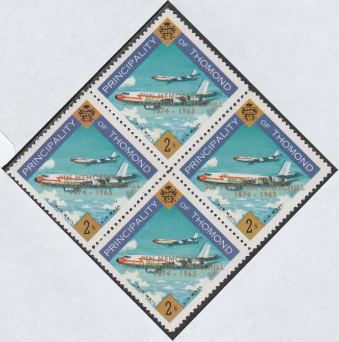 Thomond 1965 Jet Liner 2s (Diamond shaped) with 'Sir Winston Churchill - In Memorium' overprint in gold unmounted mint block of 4, slight off-set from overprint on gummed side