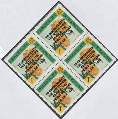 Thomond 1969 Carnation 1d (Diamond shaped) opt'd 'Investiture of Prince of Wales', unmounted mint block of 4, slight off-set from overprint on gummed side