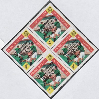 Thomond 1969 Football 4d (Diamond shaped) opt'd 'Investiture of Prince of Wales', unmounted mint block of 4, slight off-set from overprint on gummed side