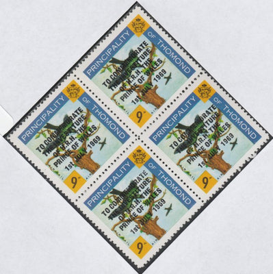 Thomond 1969 Martin 9d (Diamond shaped) opt'd 'Investiture of Prince of Wales', unmounted mint block of 4, slight off-set from overprint on gummed side