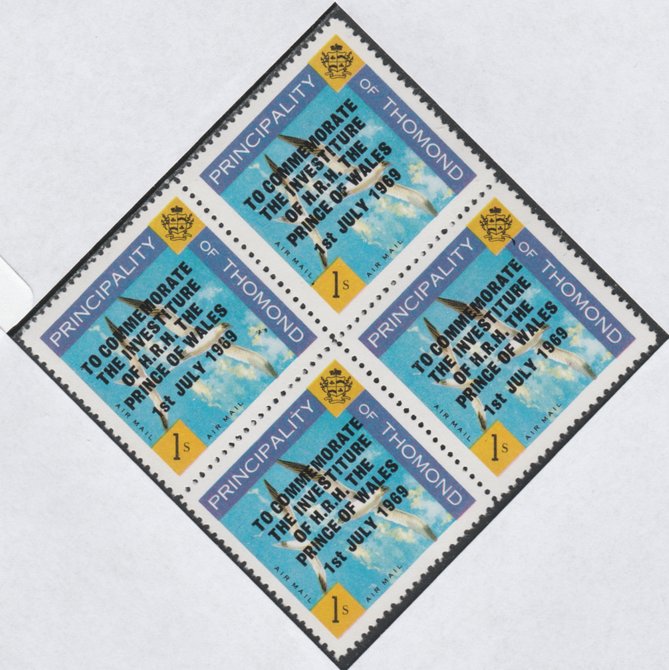 Thomond 1969 Sea Gulls 1s (Diamond shaped) opt'd 'Investiture of Prince of Wales', unmounted mint block of 4, slight off-set from overprint on gummed side