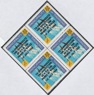 Thomond 1969 Sea Gulls 1s (Diamond shaped) opt'd 'Investiture of Prince of Wales', unmounted mint block of 4, slight off-set from overprint on gummed side
