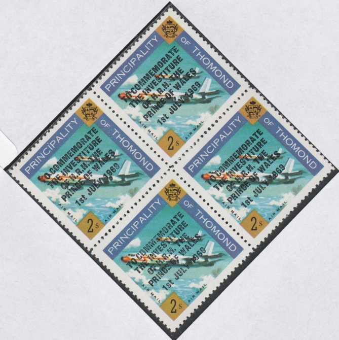Thomond 1969 Jet Liner 2s (Diamond shaped) opt'd 'Investiture of Prince of Wales', unmounted mint block of 4, slight off-set from overprint on gummed side
