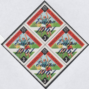 Thomond 1961 Hurling 3d (Diamond-shaped) with 'Europa 1961' overprint unmounted mint block of 4, slight off-set from overprint on gummed side