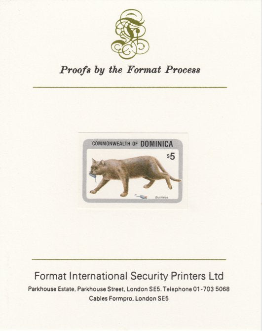 Dominica 1984 Cats $5 (Burmese) imperf proof mounted on Format International proof card as SG 921