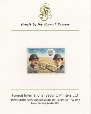 Lesotho 1983 Manned Flight 30s (Wright Brothers & Flyer) imperf proof mounted on Format International proof card as SG 546