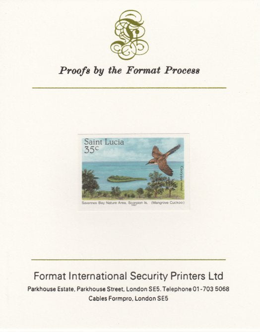 St Lucia 1985 Nature Reserves 35c Mangrove Cuckoo imperf proof mounted on Format International proof card as SG 821