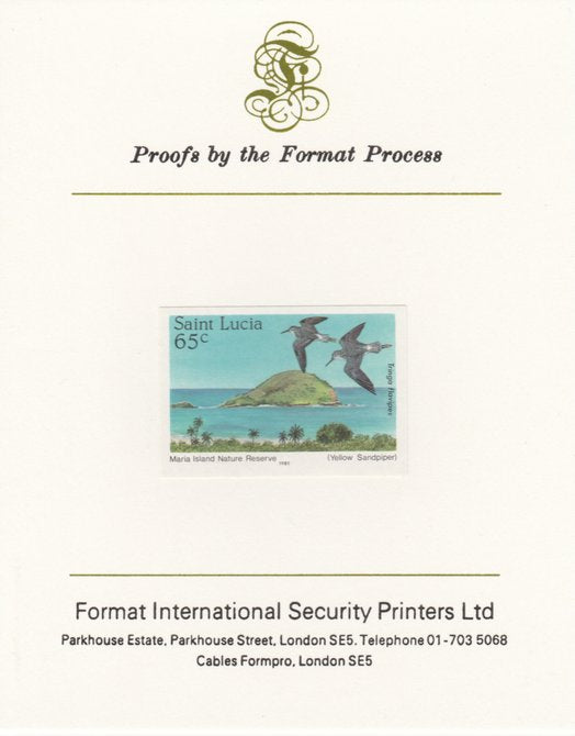 St Lucia 1985 Nature Reserves 65c Lesser Yellowlegs imperf proof mounted on Format International proof card as SG 822