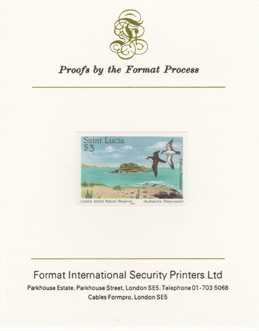 St Lucia 1985 Nature Reserves $3 Audubon's Shearwater imperf proof mounted on Format International proof card as SG 823