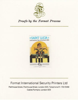 St Lucia 1985 Int Youth Year Paintings 45c imperf proof mounted on Format International proof card as SG 842