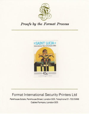 St Lucia 1985 Int Youth Year Paintings 45c imperf proof mounted on Format International proof card as SG 842