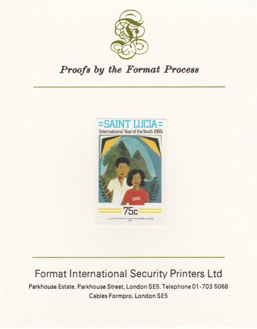 St Lucia 1985 Int Youth Year Paintings 75c imperf proof mounted on Format International proof card as SG 843