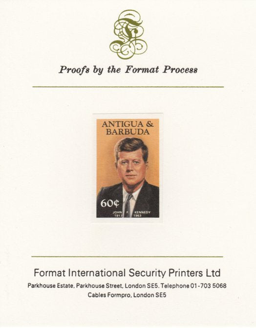 Antigua 1984 Famous People 60c (Kennedy) imperf proof mounted on Format International proof card as SG 890