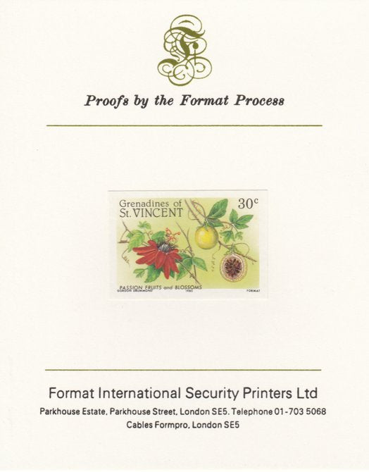 St Vincent - Grenadines 1985 Fruits & Blossoms 30c (Passion Fruit) imperf proof mounted on Format International proof card as SG 398